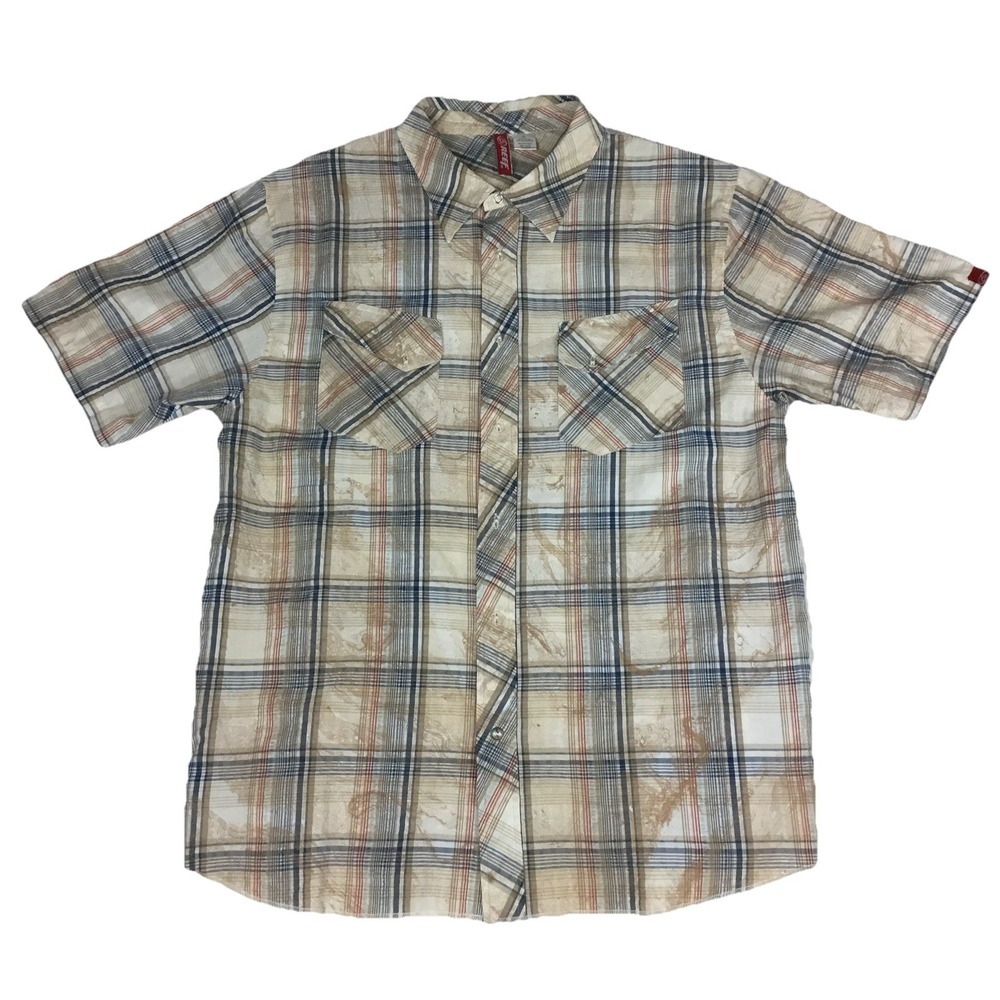 Reef Mens XL Short Sleeve‎ Plaid Pearl Snap Button Down Shirt Tan Blue Red Y2K